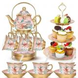 21 PCS CERAMIC TEAPOT SET VINTAGE PORCELAIN TEA CU