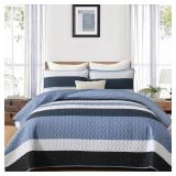 DINJOY KING BOHO STRIPED QUILT SET, NAVY BLUE LIGH