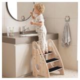 TODDLER STEP STOOL, WOODEN HEIGHT-ADJUSTABLE 3-STE