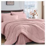 HEVUMYI 7-PIECE FULL COMFORTER SET, DUSTY PINK BED