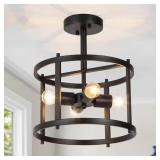 BLACK SEMI FLUSH MOUNT RUSTIC 4-LIGHT DRUM FARMHOU