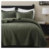 WDCOZY OLIVE GREEN QUEEN SIZE QUILT SET, STRIPED P