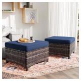 $154 WICKER OUTDOOR PATIO OTTOMAN WITH BLUE CUSHIO