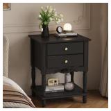 2 DRAWERS AND OPEN SHELF, BLACK WOODEN NIGHTSTAND,