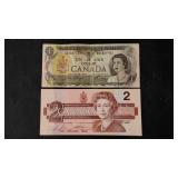 1973 Canadian One Dollar Bill and 1986 Canadian