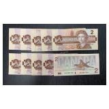 Ten Canadian $2 Bills - 1986