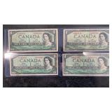 (4) 1954 Canadian One Dollar Bills