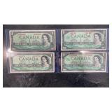 (2) 1954 & (2) 1967 Canadian One Dollar Bills