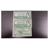Three 1954 Canadian Dollar Bills