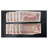 Ten Canadian $2 Bills - 1974