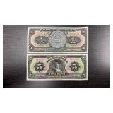 Two Mexican Bills - One 5 pesos and one 1 peso