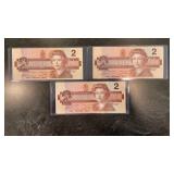 (3) 1986 Canadian Two Dollar Bills