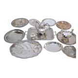 13 PC VINTAGE SILVERPLATE TRAYS, MEAT TRAY TEAPOT +