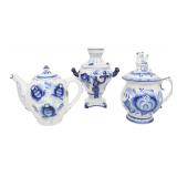 3 PIECES OF HAND PAINTED RUSSIAN GZHEL SAMOVAR BLUE AND WHITE CERAMICS