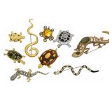 9 pc VINTAGE SNAKE, LIZARD & TURTLE BROOCHES