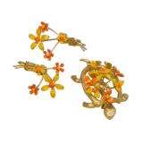 MID CENTURY RARE MARVELLA ENAMELED FLORAL TURTLE BROOCH w EARRINGS