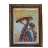VINTAGE MID CENTURY ASIAN MOTHER & CHILD OIL ON CANVAS
