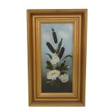 VINTAGE CATTAILS & WATER LILIES OIL PAINTING
