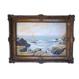 OIL ON CANVAS ROCKY COASTAL SCENE WITH SAILBOATS