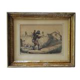 19TH C HAND COLORED ETCHING MUSICIAN WITH DOGS & MONKEY