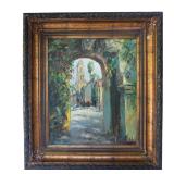 ORIGINAL OIL ON CANVAS EUROPEAN ARCHWAY & CHURCH