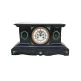 ANTIQUE FRENCH BELGIUM BLACK SLATE MALACHITE INLAY CLOCK