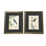 VINTAGE 2 CHINESE INK & WATERCOLOR ROOSTER & BLUEBIRD
