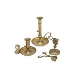 3 ANTIQUE 19th c BRASS CANDLESTICKS PLUS