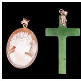 Cameo and Green Hardstone Cross, 14K