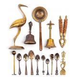 Vintage Brass Crane Statue, Bells, Spoons, More