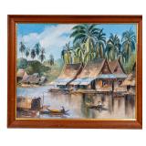 Framed O/c River Village Scene, Signed