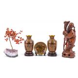 Carved Wood Shou Lao, Cloisonne, and Stone Tree