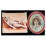 Figure Drawing signed M. Bergman & Tin Tray