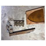 Collection of Architectural Salvage Featuring a Bronze Railing Piece, Gothic Amber Glass Window, and Oak Newell Post, cast iron post toppers