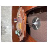 Mid-Century Modern Octagonal Game Table with Curved Wooden Banquette and Vintage Gaming Accessories