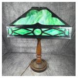 Arts and Crafts Mission Style Green Slag Glass and Oak Table Lamp