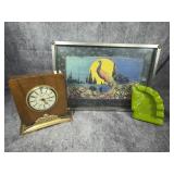 A Trio of Vintage Decorative Items Including a Sessions Electric Mantel Clock Peacock Tray and Ceramic Horse Head Ashtray