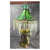 Miller Lamp Co. Green Slag Glass and Prism Fringe Electric Table Lamp