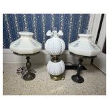 A Trio of Milk Glass Table Lamps Including Fenton Hobnail and Floral Hurricane Pairs