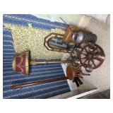 An Assortment of Vintage Home Furnishings and Country Primitives Including a Neoclassical Style Floor Lamp and Wagon Wheel Chandelier