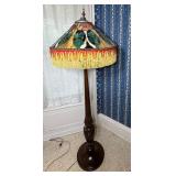 Stained and Slag Glass Carved Wood Floor Lamp with Beaded Fringe