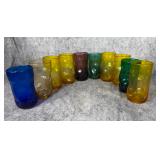 A Set of Ten Mexican Hand-Blown Multi-Colored Dimpled Glass Tumblers