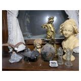An Assortment of Decorative Objects Including a Georges Van der Straeten Signed Bust and a Lulli Enfant Statuette