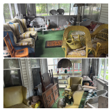 An Assortment of Vintage Wicker and Upholstered Furniture Porch Contents Lot