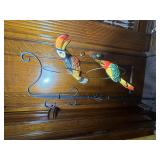 A Pair of Large Hand Painted Mexican Folk Art Birds on Wrought Iron Floor Stand