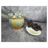Two Majolica Style Frog Motif Ceramic Items