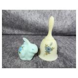 Two Fenton Art Glass Hand Painted Satin Glass Items Bell and Rabbit Figurine Signed