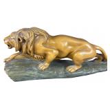 Large Hand-Carved Wood Folk Art Crouching Lion Sculpture
