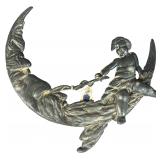 Cast Metal Art Nouveau Style Man in the Moon and Cherub Wall Plaque