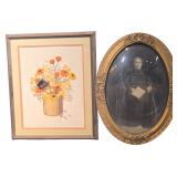 Two Framed Items Including an Antique Crayon Portrait and a Vintage Crewel Embroidery